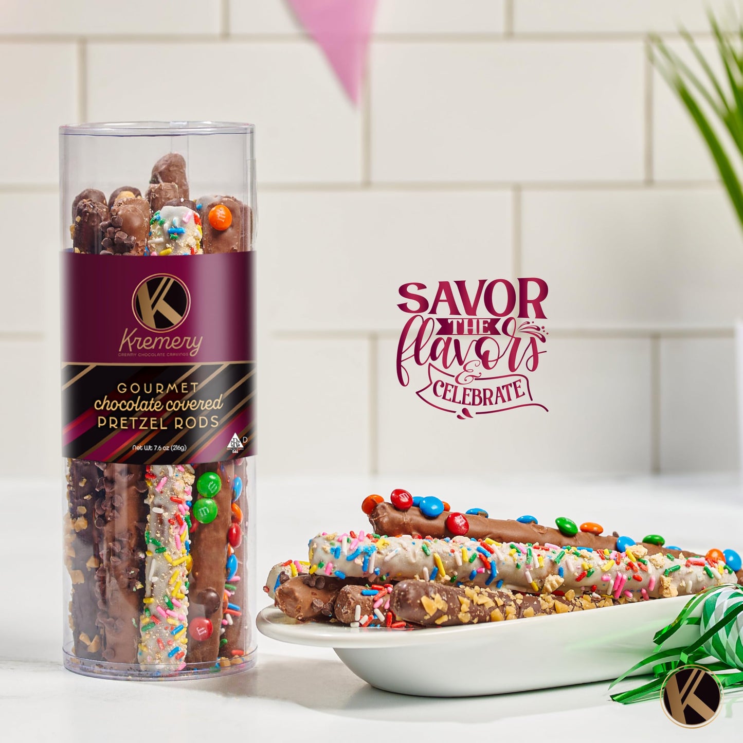 KREMERY Creamy Chocolate Cravings - Easter Chocolate Covered Pretzel Rods Gift Basket with Candied Toppings (8 Pretzels) Ramadan Gifts Sweet Treats in Clear Tube Kosher