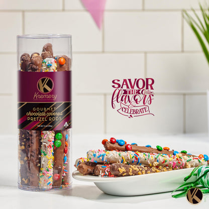 KREMERY Creamy Chocolate Cravings - Easter Chocolate Covered Pretzel Rods Gift Basket with Candied Toppings (8 Pretzels) Ramadan Gifts Sweet Treats in Clear Tube Kosher