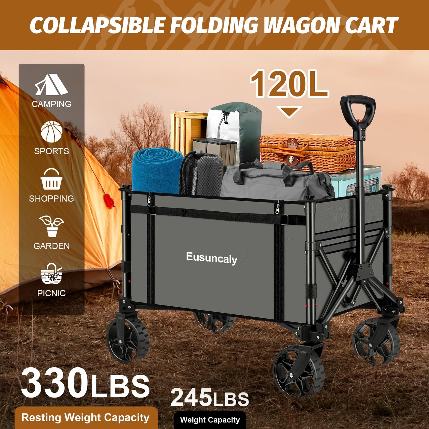 Eusuncaly Collapsible Wagon with Wheels, Wagons Carts Foldable, Heavy Duty Folding Utility Cart for Grocery, Camping, Shopping, Sports, Garden, Fishing, Grey