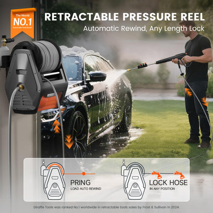Giraffe Tools Grandfalls Retractable Pressure Washer Pro, Wall Mounted Pressure Washer with 1800W Brushless Motor, 3700PSI Electric Power Washer with 100ft Pressure Hoses, Dark Silver