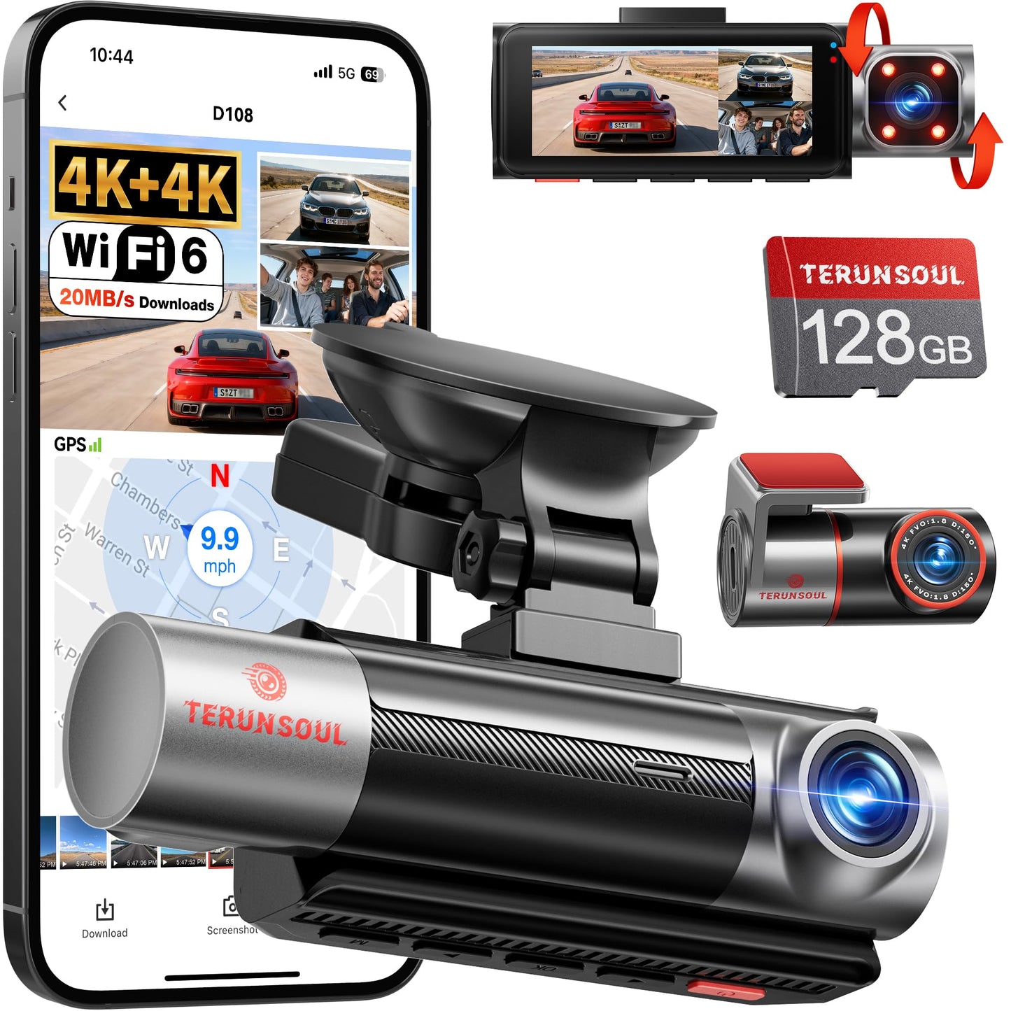 TERUNSOUl 4K+4K+1080P 3 Channel Dash Cam Front and Rear with Cabin, Free 128GB Card Included, 5.8GHz WiFi6 - up to 20MB/s, IR Night Vision, Built-in GPS, G-Sensor, 24H Parking Mode, Support 512GB Max
