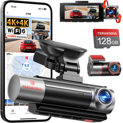 TERUNSOUl 4K+4K+1080P 3 Channel Dash Cam Front and Rear with Cabin, Free 128GB Card Included, 5.8GHz WiFi6 - up to 20MB/s, IR Night Vision, Built-in GPS, G-Sensor, 24H Parking Mode, Support 512GB Max