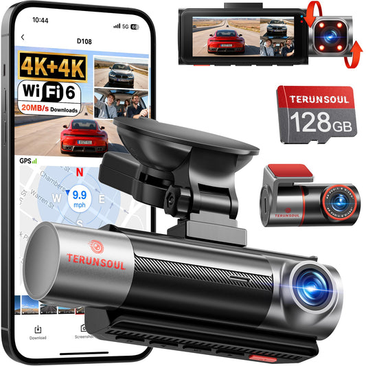 TERUNSOUl 4K+4K+1080P 3 Channel Dash Cam Front and Rear with Cabin, Free 128GB Card Included, 5.8GHz WiFi6 - up to 20MB/s, IR Night Vision, Built-in GPS, G-Sensor, 24H Parking Mode, Support 512GB Max