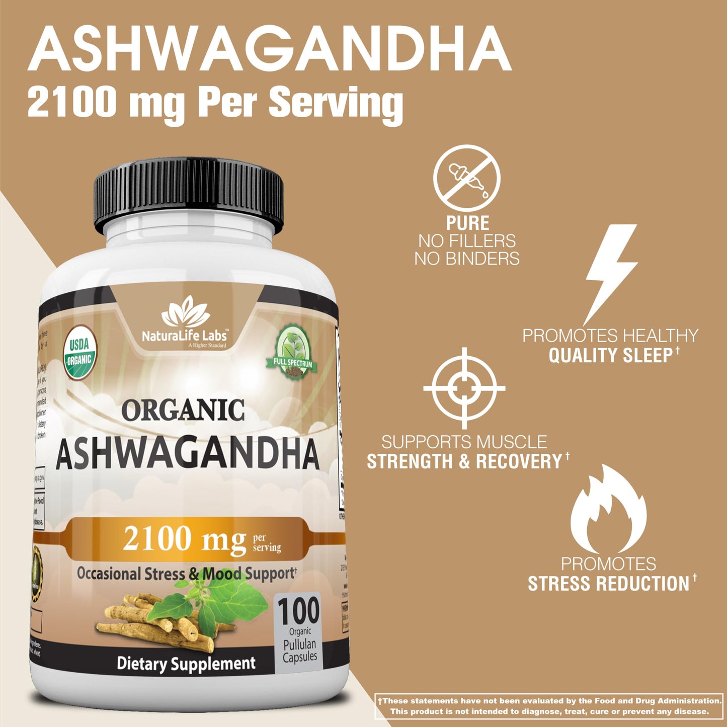 Organic Ashwagandha 2,100 mg - 100 Veggie Capsules Pure Organic Ashwagandha Powder and Root Extract - Stress Relief, Mood Enhancer