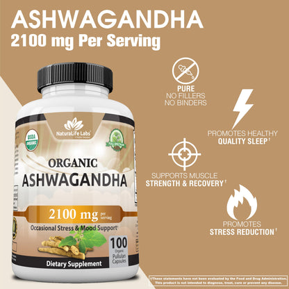 Organic Ashwagandha 2,100 mg - 100 Veggie Capsules Pure Organic Ashwagandha Powder and Root Extract - Stress Relief, Mood Enhancer