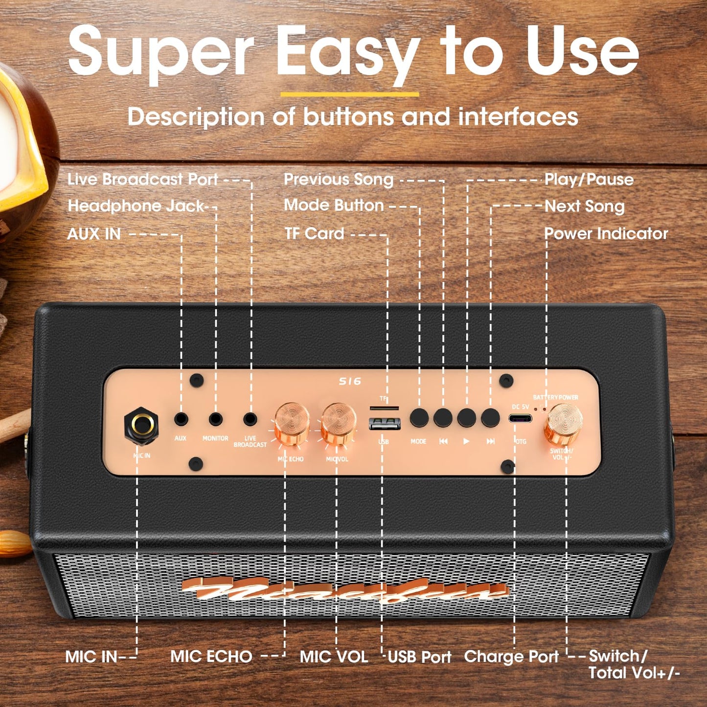 Karaoke Machine, Retro-Design Speaker with 2 Wireless Microphones for Adults & Kids, Portable Karaoke System for Home Party, Bluetooth/AUX/USB/TF Support, Gifts for Women & Girls