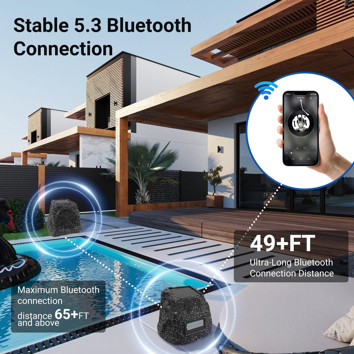 Herdio 8" Rock Bluetooth Speakers Outdoor Waterproof IPX7 Wireless Solar Max 240 Watt, TWS Connection Powered with Rechargeable Battery for Garden Patio Deck Pool Backyard（Gray，1Pair）