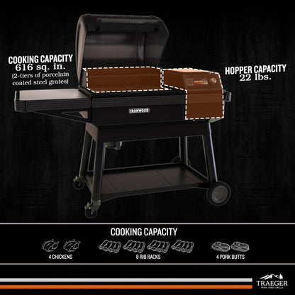 Traeger Ironwood Pellet Smoker Grill, Electric Wood Pellet Grill with WiFIRE App Control, 165F - 500F Degree Temperature Control Super Smoke Mode, 6-in-1 BBQ Smoker Grilling Combo, TFB61RLG