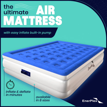 EnerPlex Queen Air Mattress with Built in Pump - 15" Luxury Size Self-Inflating Blow Up Mattress with Neck Support - Inflatable Air Bed for Portable Travel & Home Use (Blue/White)