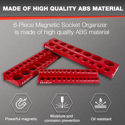 EACELIY 6Pcs Magnetic Socket Organizer Set, 1/2", 1/4" and 3/8" SAE & Metric Deep & Shallow Socket Holder Kit, Socket Trays，holds 143pcs Sockets (sockets not included)