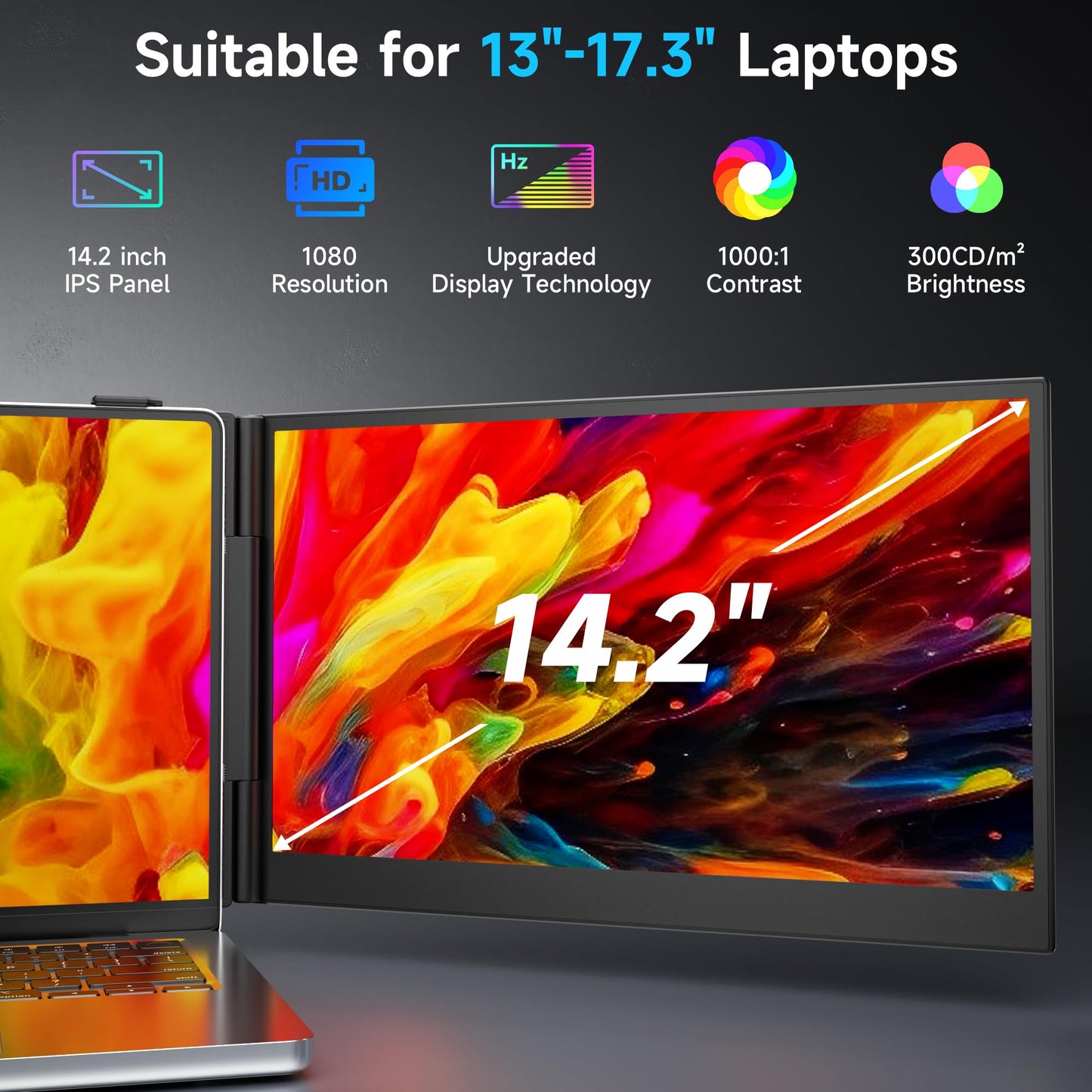 Laptop Screen Extender 0.17" Ultra-Thin, 14.2" FHD 1080P IPS Portable Monitor for Laptop, Dual Screen Travel Monitor Extender Suitable for 13"-17.3" Plug & Play for Windows/Mac/Android/Switch/PS-5