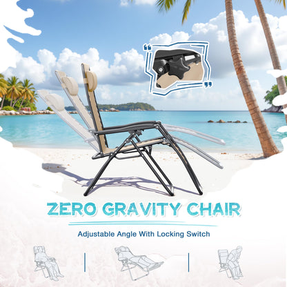 Greesum Zero Gravity Chairs Set of 2 Adjustable Steel Mesh Recliners Beach Deck Lawn Camping Patio Foldable Lounge Chair with Cup Holder Trays and Pillows,Cream-Coloured