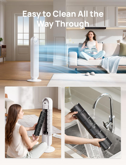 DREO Tower Fan for Bedroom, 25ft/s Velocity Quiet Floor Fan, 90° Oscillating Fans for Indoors with 4 Speeds, 4 Modes, 8H Timer, Standing Fans, Bladeless Fan, White (DR-HTF007)