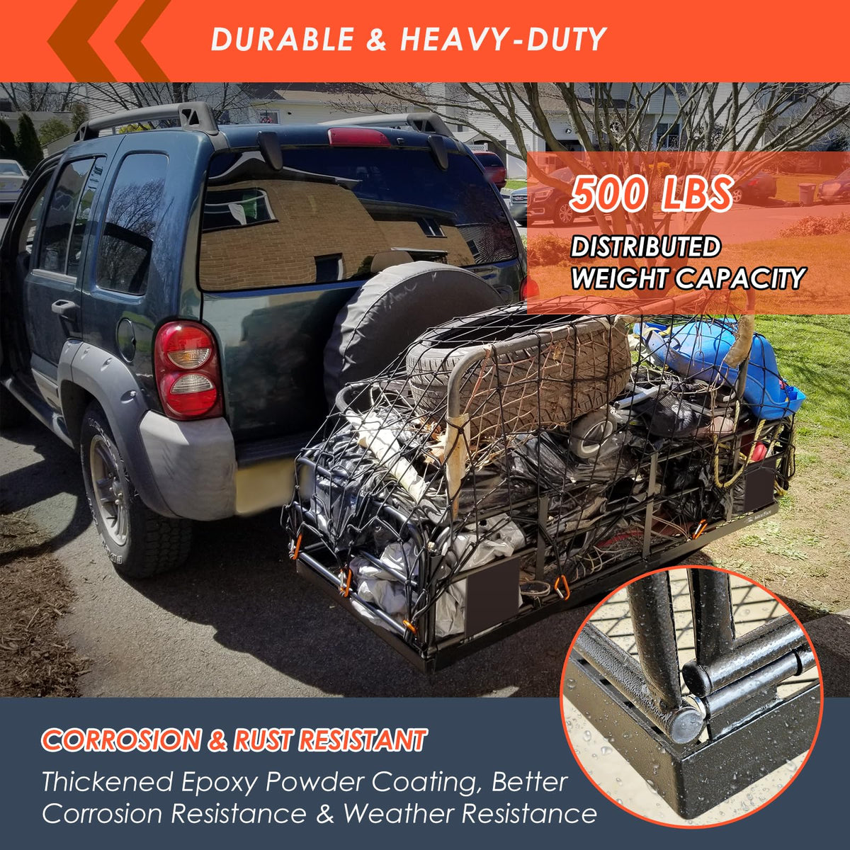 MeeFar High Rail Trailer Folding Hitch Mount Cargo Carrier Basket 60" X 24" X 14"+Waterproof Cargo Bag 20 cu ft(59" 24" 24"), Capacity of 500 Lbs with Hitch Stabilizer, Net, Lock and Straps