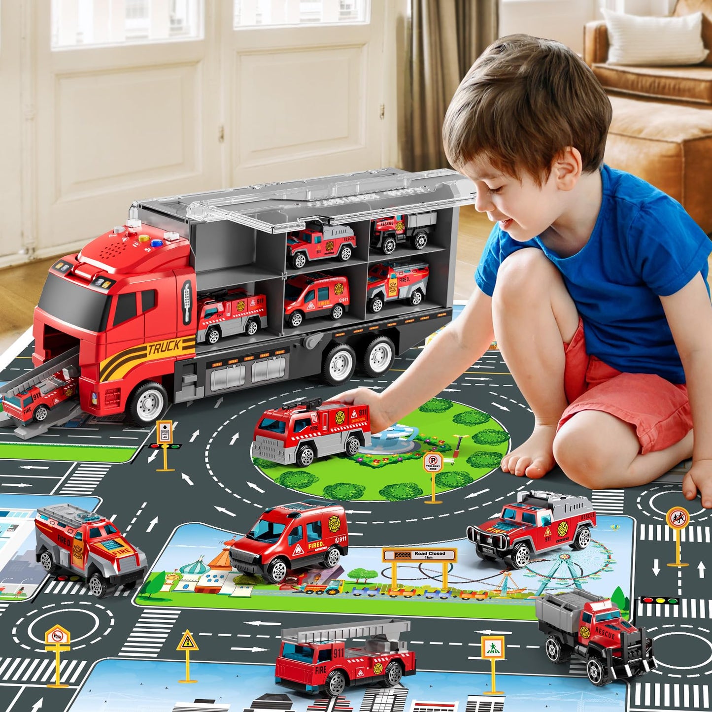 NIPLOOOW Toddler Boys Toys for 3-5 Years Old, Fire Truck Vehicle Set with Play Mat and Die-Cast Toy Car, Transport Carrier Truck for Kids 3-5, Birthday Gifts Toys for 3-8+ Year Old Boys