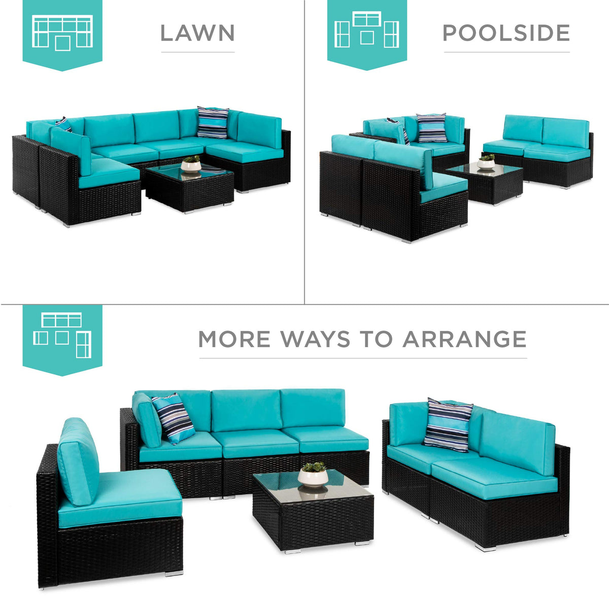 Best Choice Products 7-Piece Modular Outdoor Sectional Wicker Patio Conversation Set w/ 2 Pillows, Coffee Table, Cover Included - Black/Teal