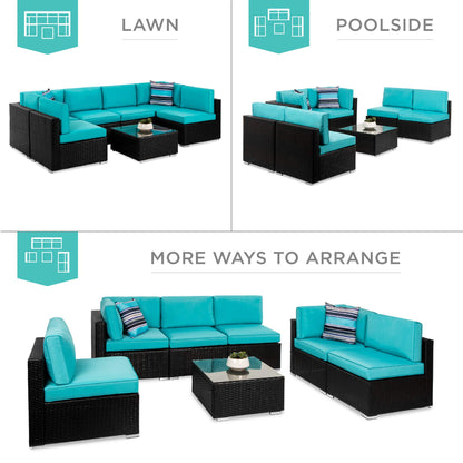 Best Choice Products 7-Piece Modular Outdoor Sectional Wicker Patio Conversation Set w/ 2 Pillows, Coffee Table, Cover Included - Black/Teal