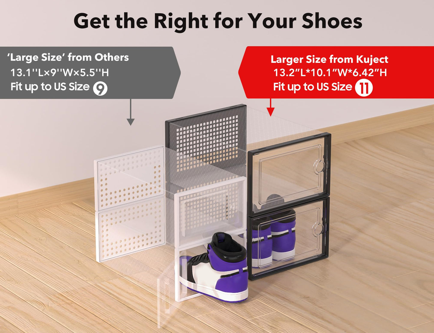 Kuject X-Large Shoe Storage Boxes Organizers Clear Plastic Stackable 12 Pack, Shoe Rack & Holder Substitute, Sneaker Containers, Toy Storage Organizer Bins for Entryway, Closet, Under Bed, Black