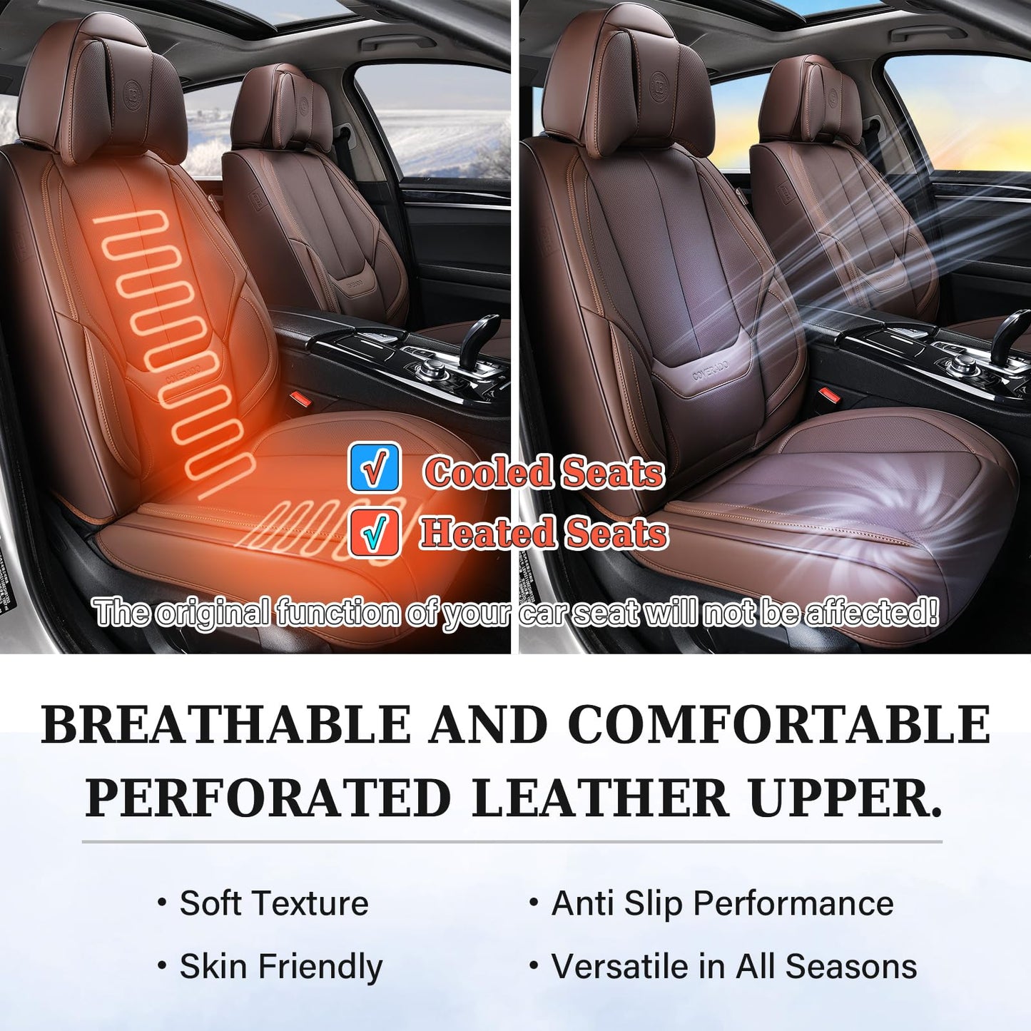 Coverado Front and Back Seat Covers 5 Pieces, Waterproof Nappa Leather Auto Seat Protectors Full Set with Head Pillow, Universal Car Accessories Fit for Most Sedans SUV Pick-up Truck, Brown