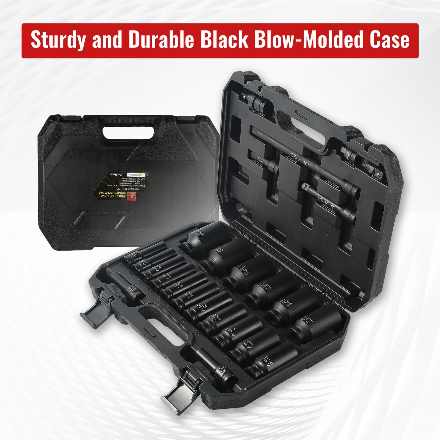 Reniteco 25-Piece 1/2" Drive Socket Set, SAE (3/8"- 1-1/2"), Deep Sockets, Extension Bars, 1/2" F to 3/8" M Reducer,3/8" F to 1/2" M Reducer, Universal Joint, 6 Point Design, Cr-V