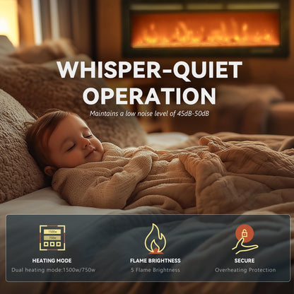 EUHOMY 50 Inch Electric Fireplace Wall Recessed and Wall Mounted with Adjustable Flame Color, Fireplace Heater with Remote Control, Linear Fireplace with Timer, Touch Screen, Log & Crystal, 750/1500W