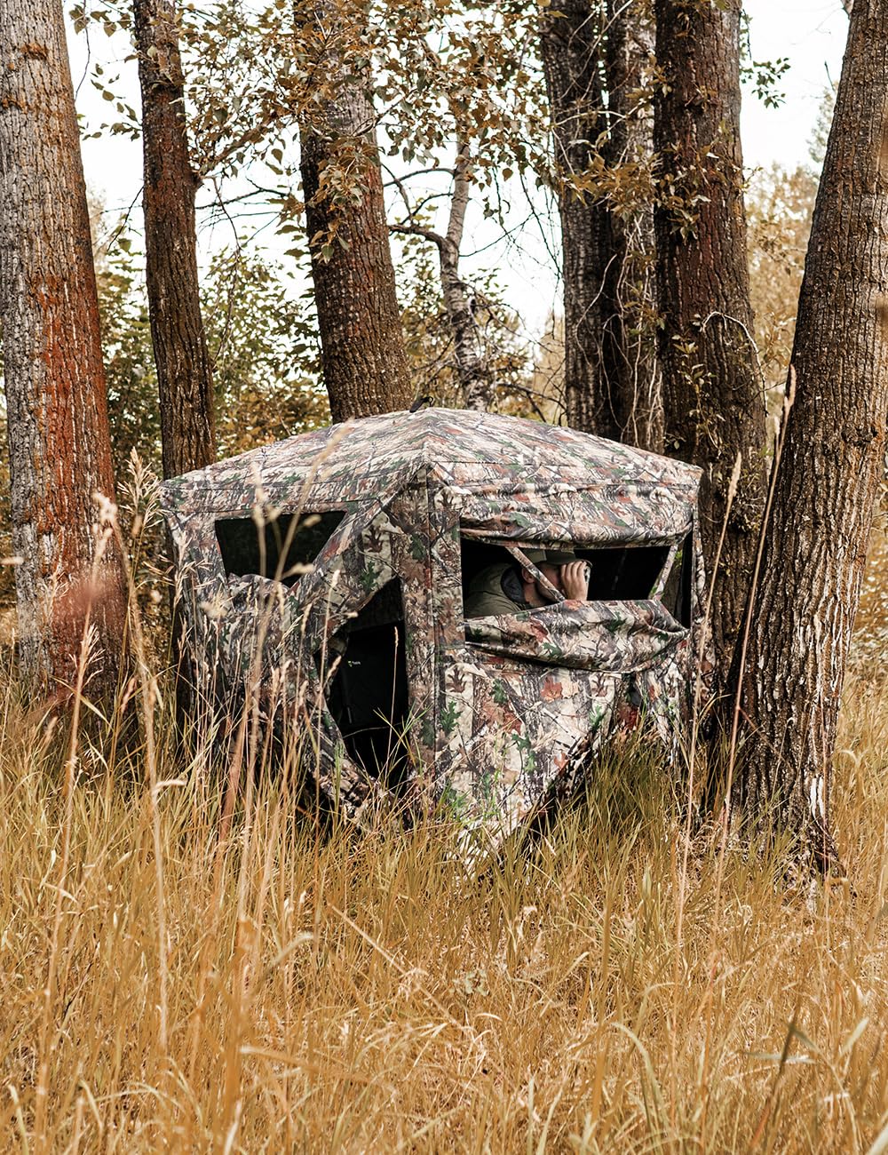 TIDEWE Hunting Blind 270°Full See Through with Windproof Curtain, Silent Magnetic Door & Sliding Windows, 2-3 Person Pop Up Ground Blind with Carrying Bag, 300D Portable Tent(Camouflage)