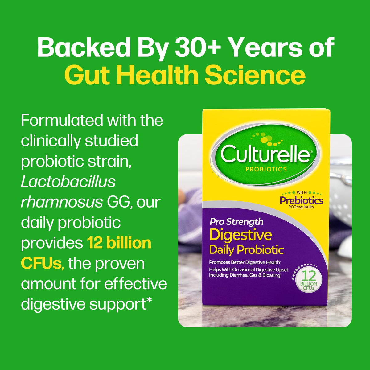 Culturelle Pro Strength Daily Probiotics For Digestive Health (2 Month Supply) with Prebiotics for Women & Men, Supports Occasional Diarrhea, Gas & Bloating, Gluten & Soy Free, 60 Count