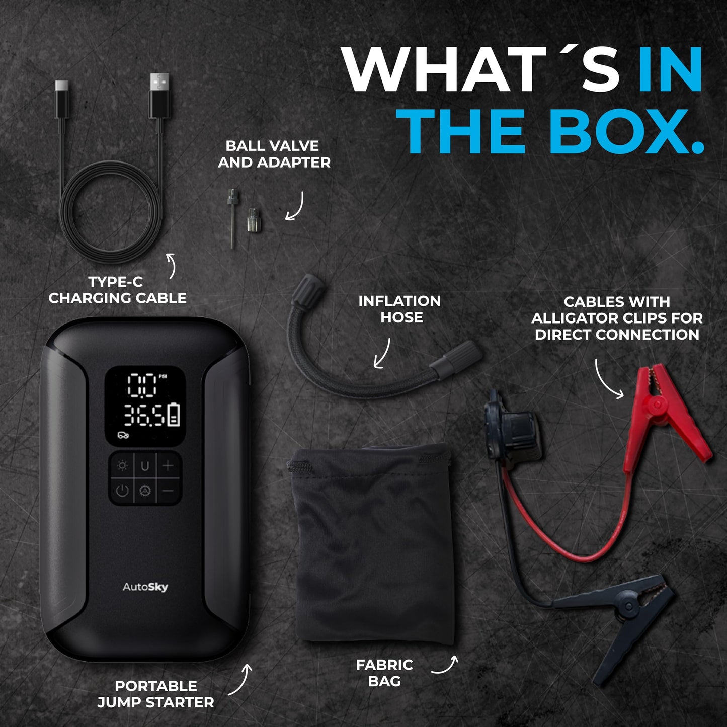 AUTOSKY 2-in-1 Jump Starter with Air Compressor – Starts Up to 6.0L Gas and 3.0L Diesel Engines – Portable Tire Inflator, LED Flashlight & Power Bank – Emergency Car Tool for SUV, Truck, Motorcycle