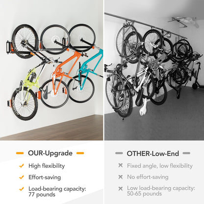 2-Pack Swivel Bike Rack Wall Mount, Bike Hangers for Garage, Space-Saving Vertical Bike Holder, Holds up to 77 lbs, Bicycle Wall Hanger Storage, No Heavy Lifting Required Indoor Hanging Bike Rack