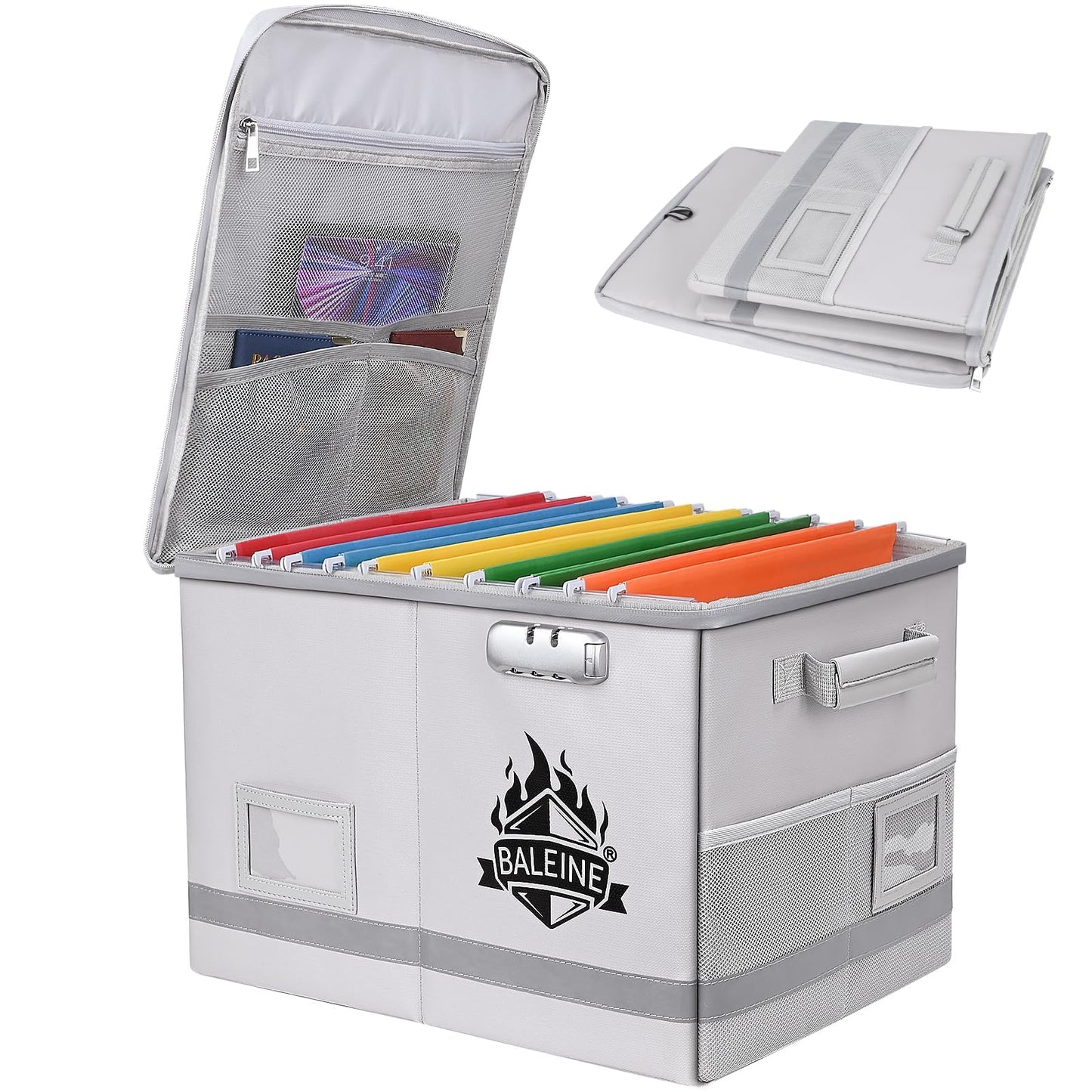BALEINE Fireproof Document Box with Lock, Portable Fireproof Document Bag Waterproof Fire Proof File Boxes for Documents, File Organizer Box for Important Paperwork (Silver, 16''x12.5''11.5'')