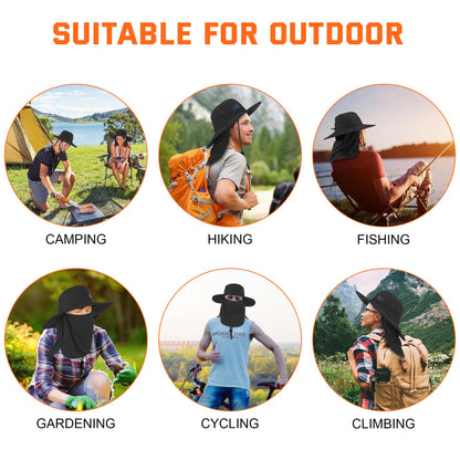 Sukeen Fishing Hat for Men Women, Wide Brim Outdoor UPF 50+ Sun Protection with Detachable Neck Flap and Face Mask (Black)