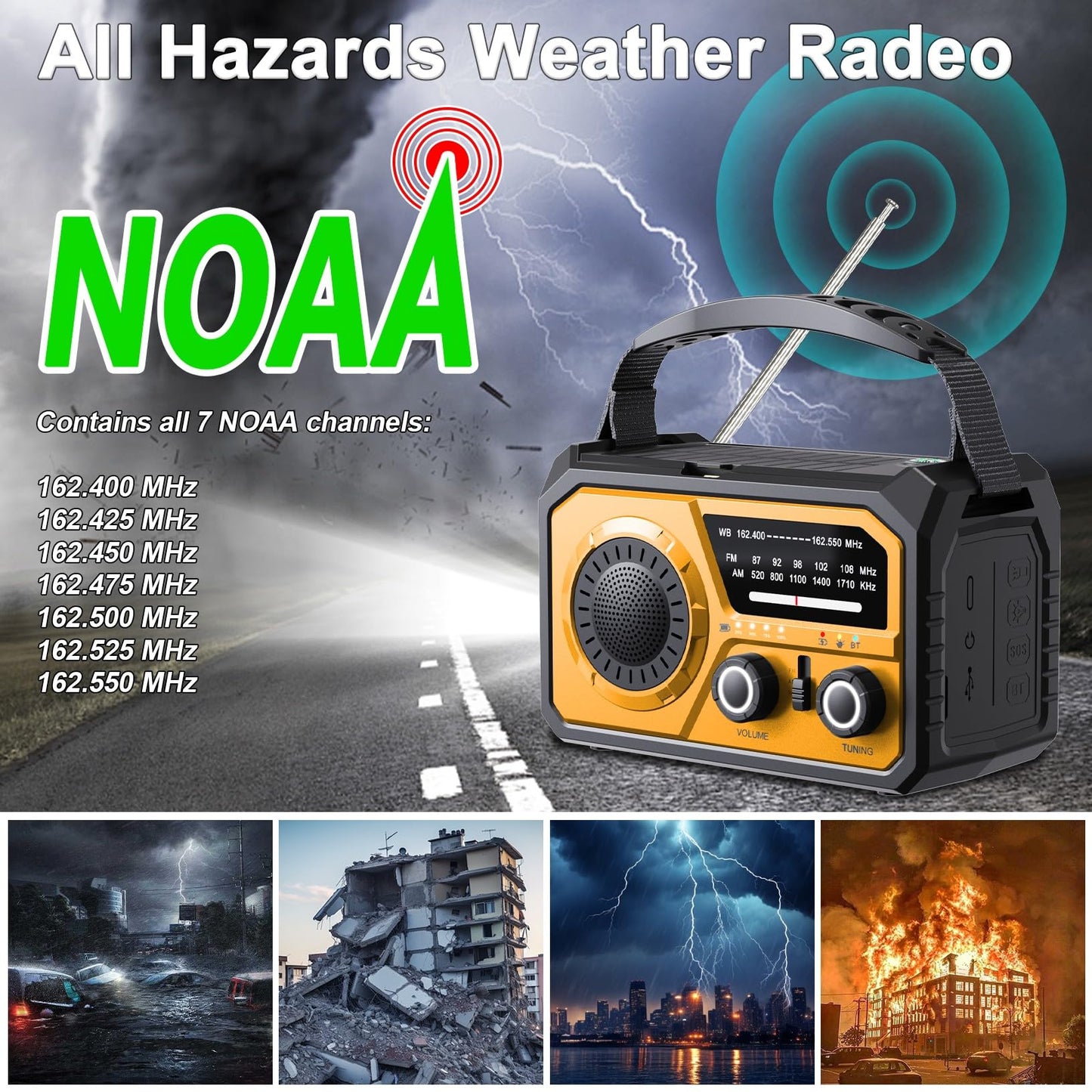 16000mAh Hand Crank Emergency Weather Radio with Wireless Speaker, 59200mWh NOAA AM FM Solar Radio with Flashlight Cell Phone Charger Reading Lamp Compass SOS for Camping and Survival (Orange)