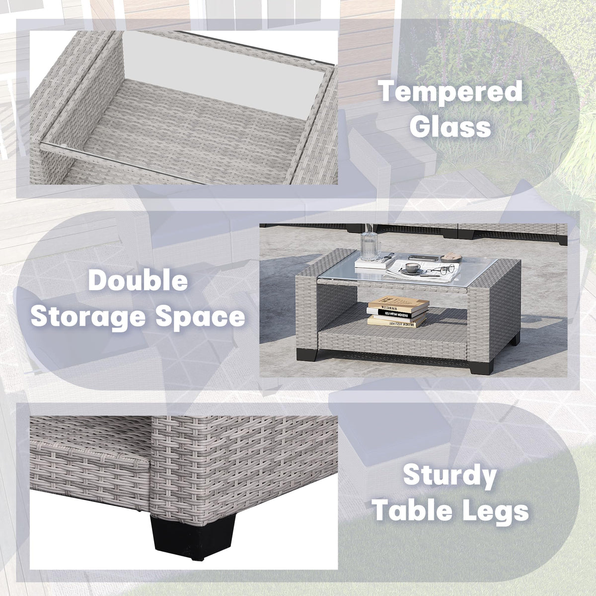 7 Piece Outdoor Patio Furniture Set, Outdoor Sectional Furniture, Rattan Chairs Glass Table Wicker Conversation Seating Sectional Sofa with Cushions (B-Grey White-Grey, B-7 Pieces-Tilted Back)
