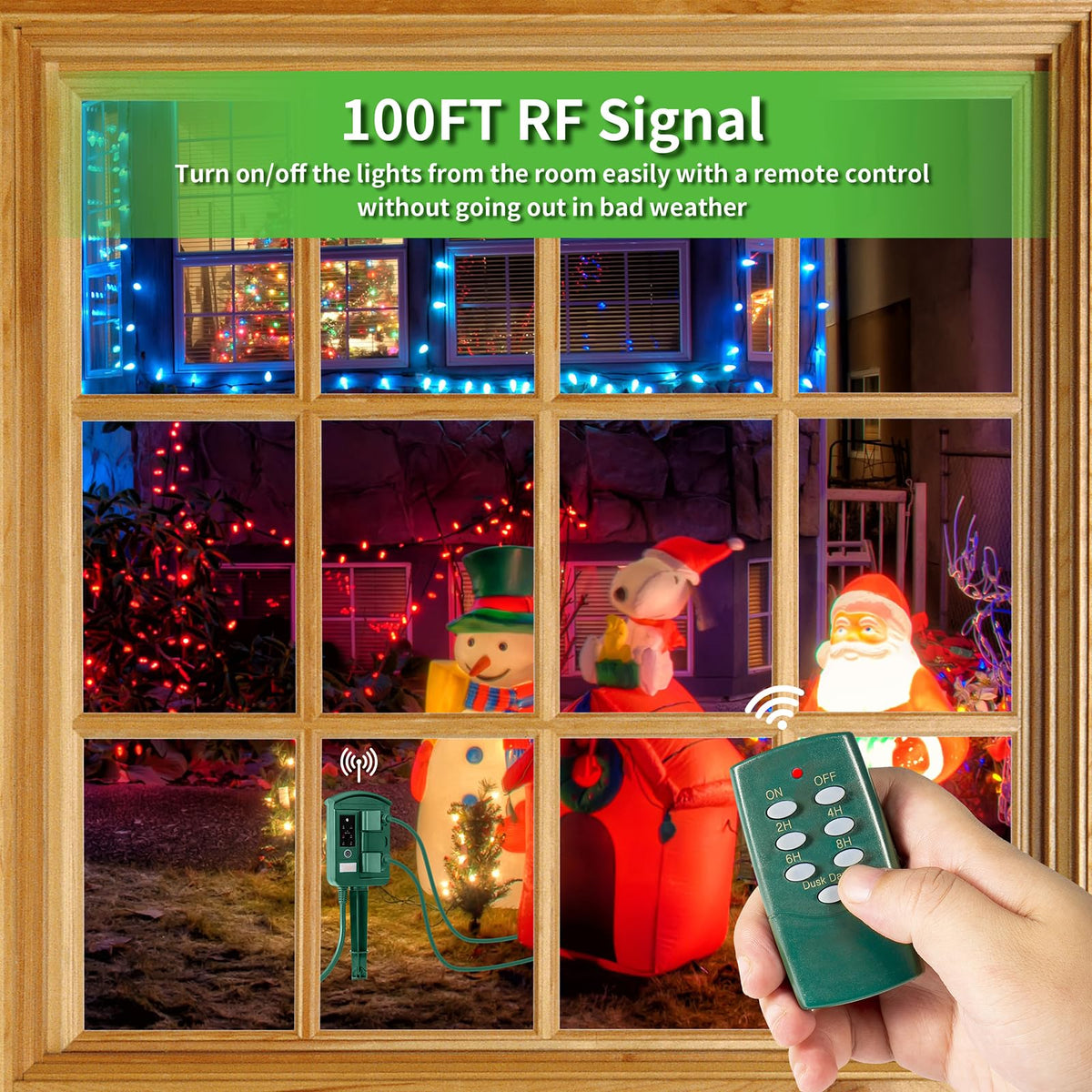 Outdoor Power Stake Timer for Christmas Light Decorations Waterproof, Dusk to Dawn, Outdoor Power Strip with 6 Outlets, 1875W/15A, 100FT Wireless Remote Control, 25FT Extension Cord, Heavy Duty