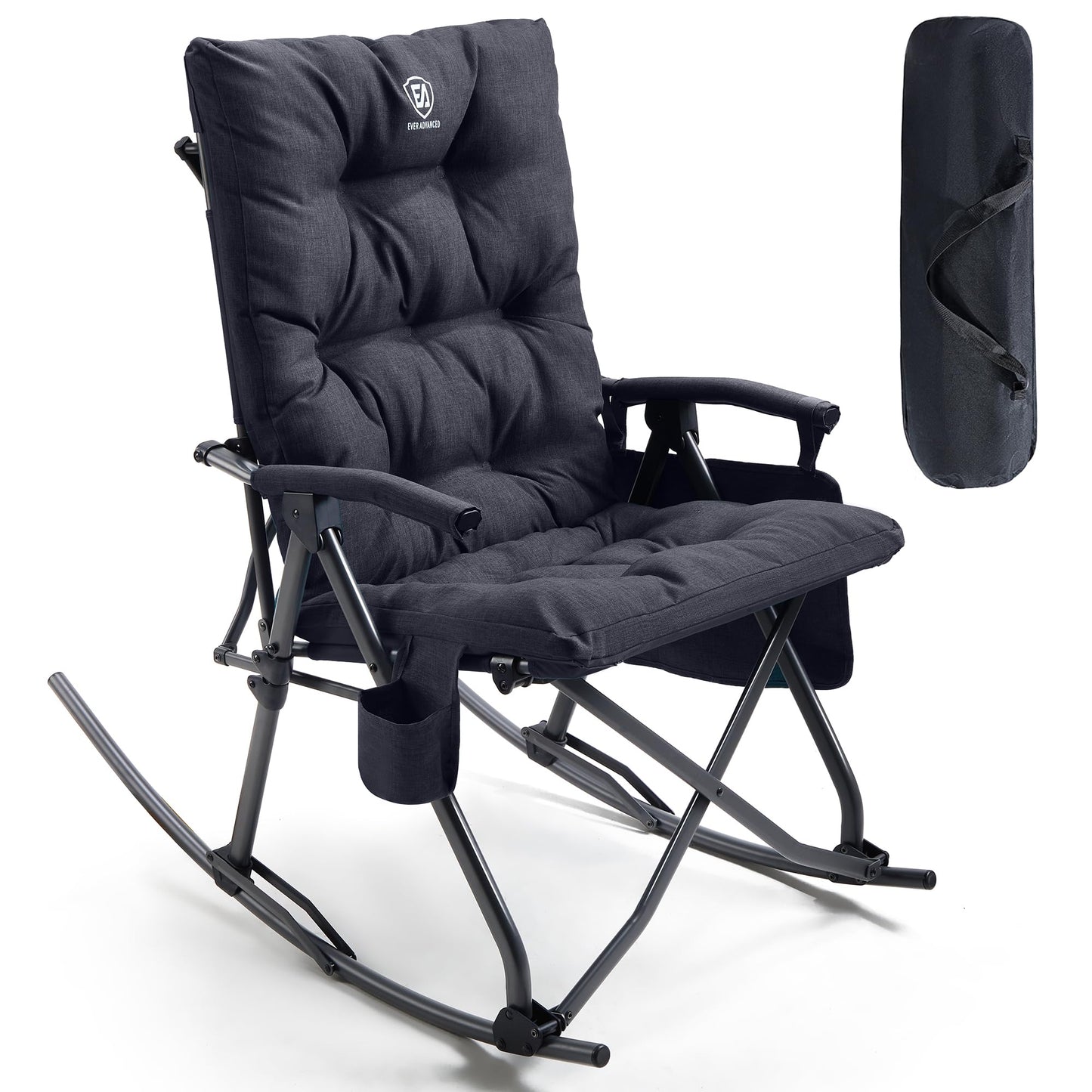 EVER ADVANCED Oversized Folding Rocking Camping Chair, Padded Portable Rocker Chairs for Patio, Lawn and Outdoors, Heavy Duty Hard Armchair for Adults Supports 400lbs, Black