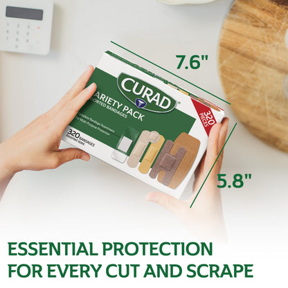 CURAD Assorted Bandages Bulk Variety Pack 320 Count 5 Styles Including Waterproof, Sheer, Plastic, Heavy Duty & Flex-Fabric First Aid Kit Essentials Protects Scrapes, Cuts & Burns