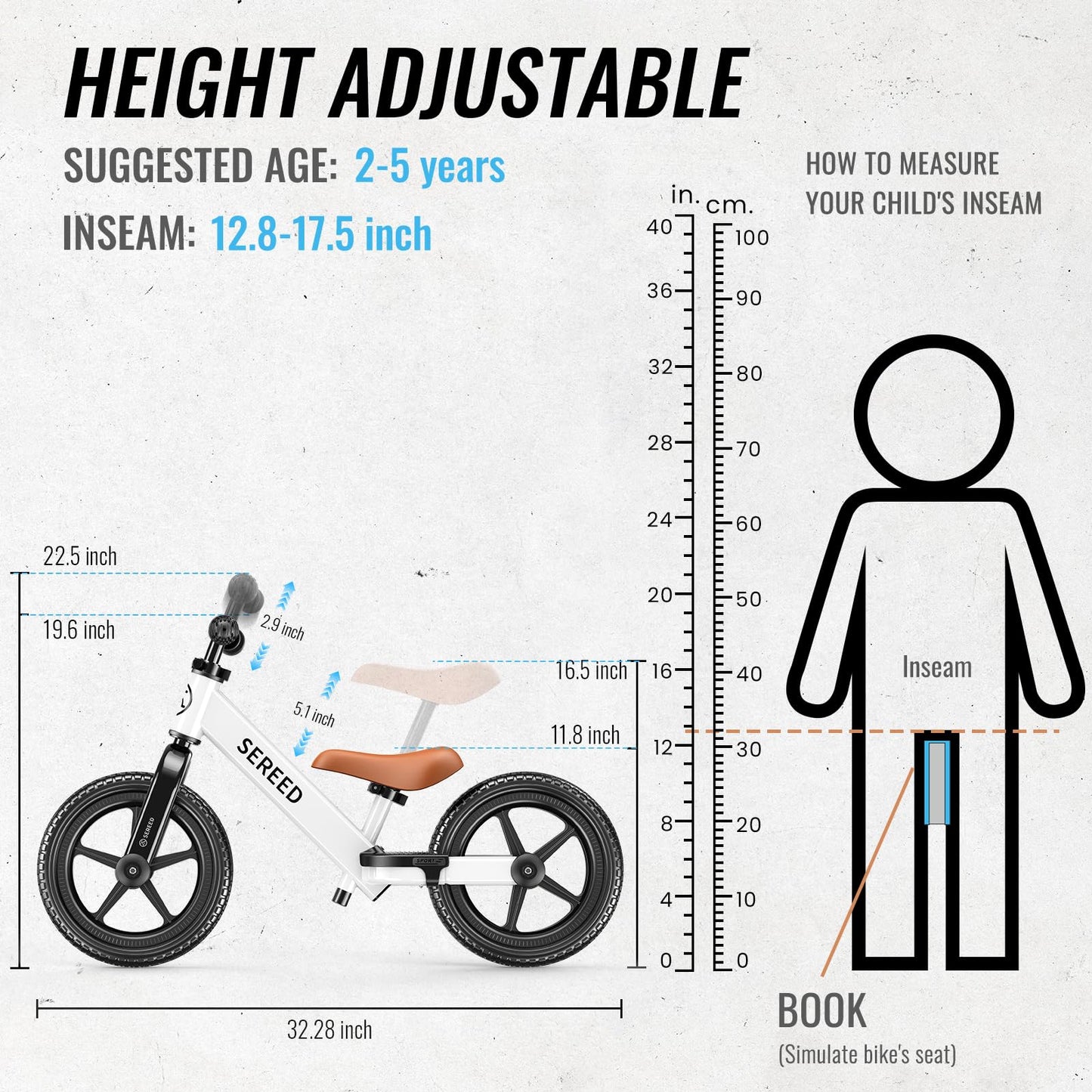 SEREED Toddler Balance Bike 2 Year Old, No Pedal Kids Bicycle Toys for 2-5 Years Old, Tool-Free Adjustment, Customize Plate with Stickers, Gift for 2-3 Boys Girls (White)