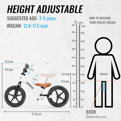 SEREED Toddler Balance Bike 2 Year Old, No Pedal Kids Bicycle Toys for 2-5 Years Old, Tool-Free Adjustment, Customize Plate with Stickers, Gift for 2-3 Boys Girls (White)