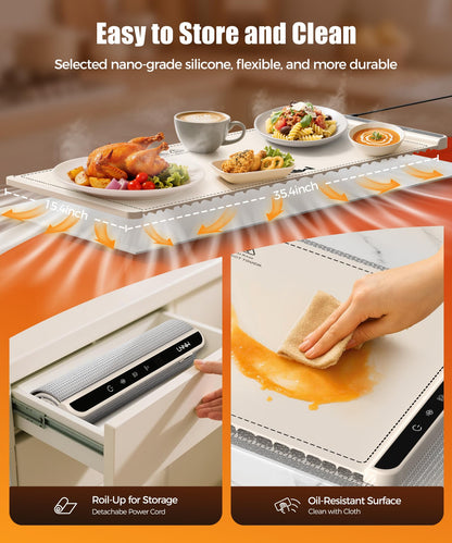 Extra Large Food Warming Mat with Heat-Resistant Pad, 36X15 Inch, 6 Temperature & 6 Timer Settings, Child Lock Safety, Fits More Dishes for Family Dinners and Parties