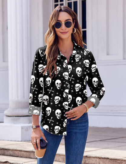 Zeagoo Halloween Shirts for Women Dressy Casual Classic Button Down Blouse Skeleton Graphic Tops Funny Clothes