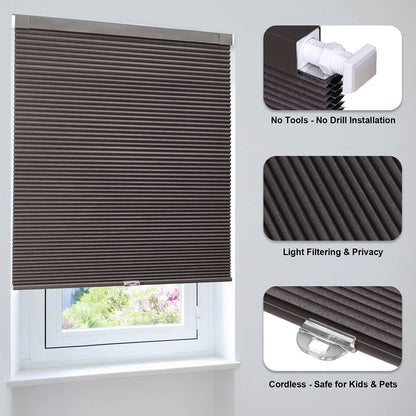 LazBlinds Cordless Cellular Shades, No Tools No Drill Blackout Honeycomb Shades Pleated Blinds for Windows, 37" W x 64" H, Dark Coffee