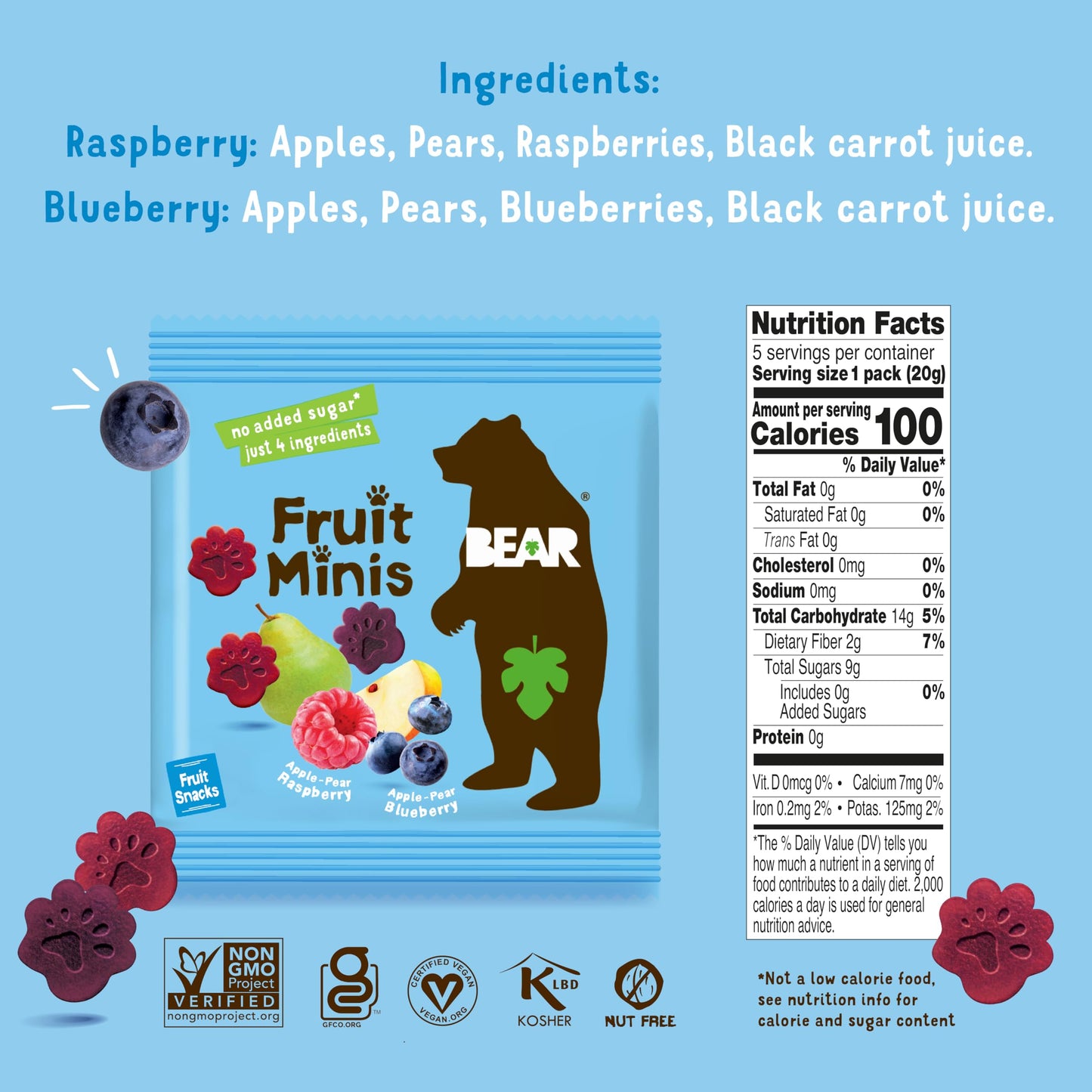 Bear Real Fruit Snack Minis, Raspberry/Blueberry