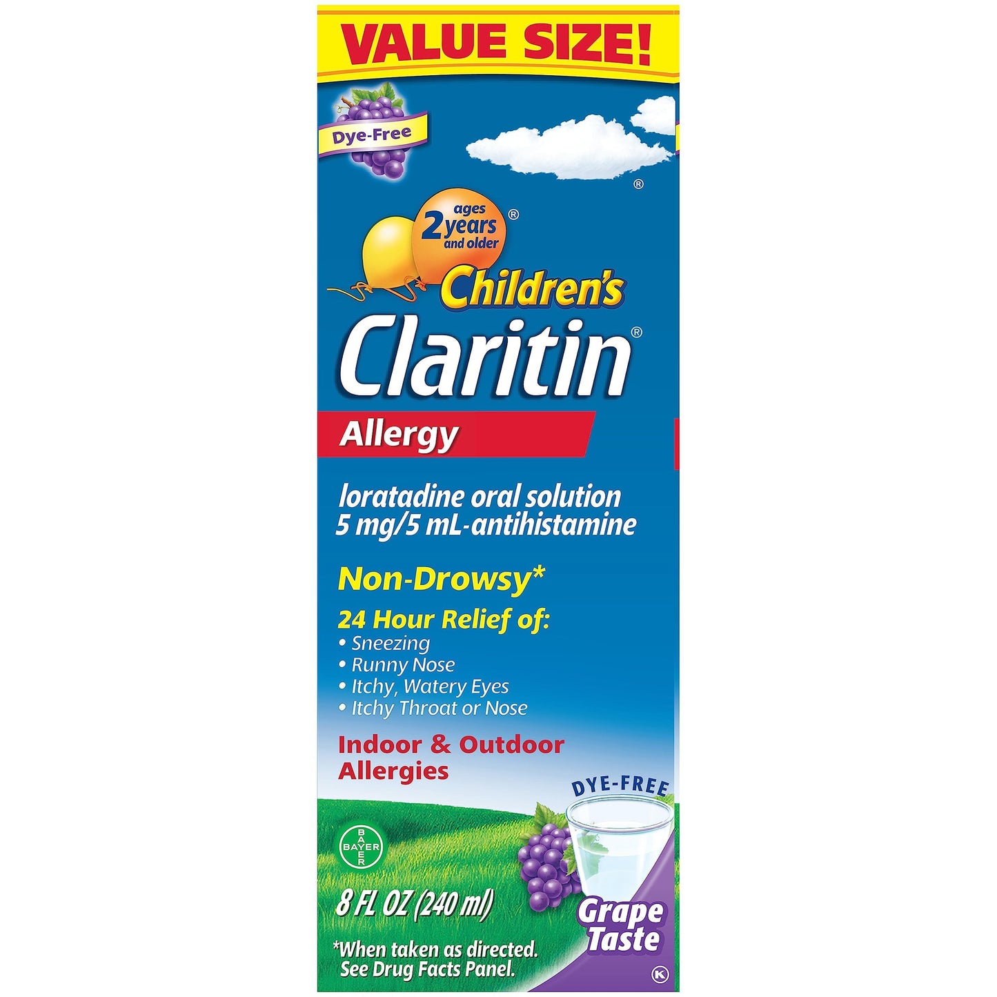 Claritin 24 Hour Allergy Relief - Grape Flavored - Non Drowsy Liquid Antihistamine for Kids, Dye, Alcohol, and Sugar Free Medicine For Children 2 Aged Years and Older