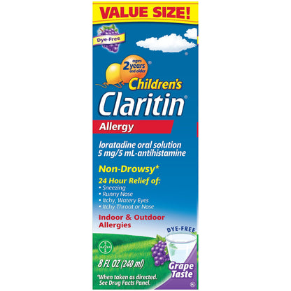 Claritin 24 Hour Allergy Relief - Grape Flavored - Non Drowsy Liquid Antihistamine for Kids, Dye, Alcohol, and Sugar Free Medicine For Children 2 Aged Years and Older