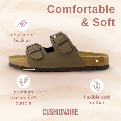 CUSHIONAIRE Lane Cork Footbed Sandals for Women – Comfortable Double Buckle Slip-On with Genuine Suede Footbed & Arch Support Slides for Women Footwear, BROWN 7