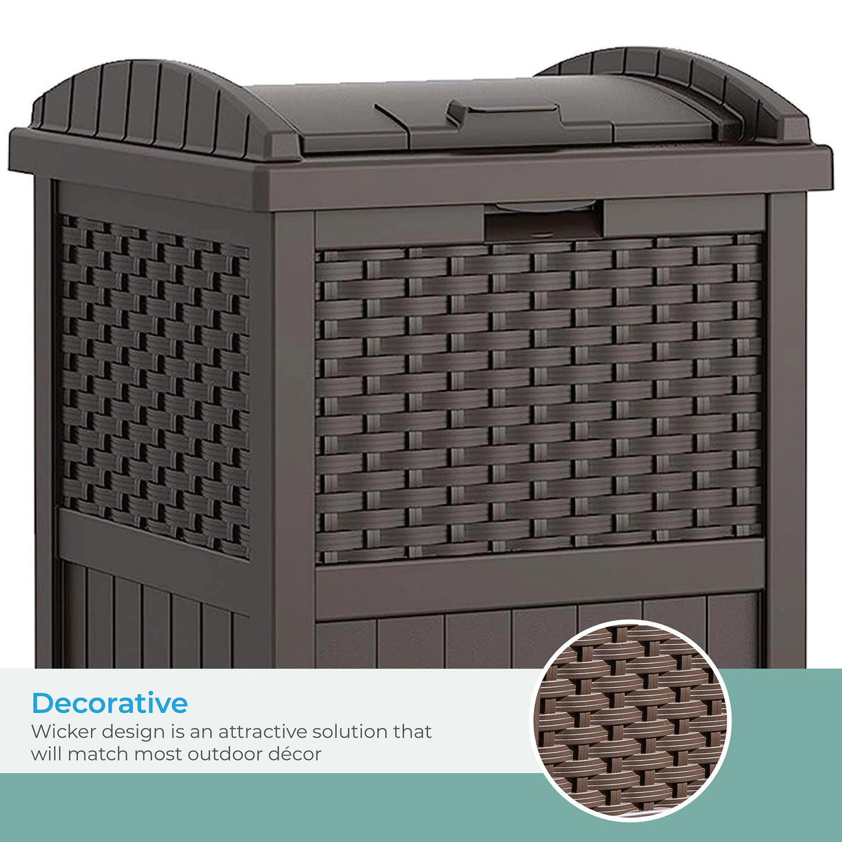 Suncast 33 Gallon Outdoor Trashcan Hideaway with Lid for 30 to 33 Gallon Trash Bags for Garage, Backyard, or Garden, Brown, Made in the USA