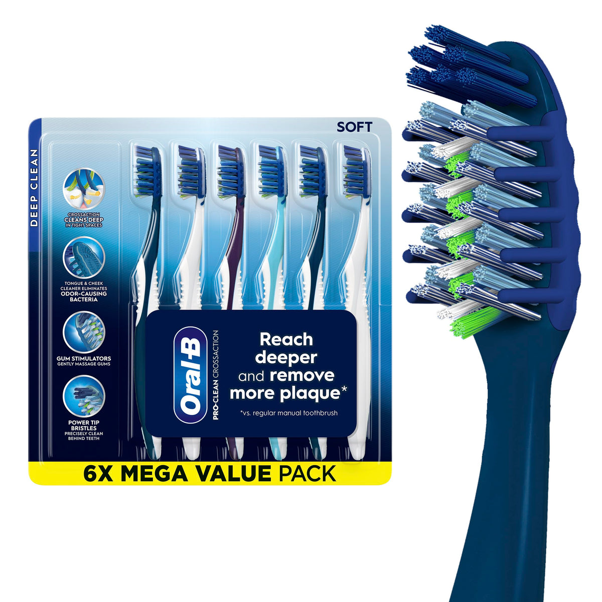 Oral-B Pro Clean Cross Action Toothbrushes, Deep Plaque Removal, 6 Count