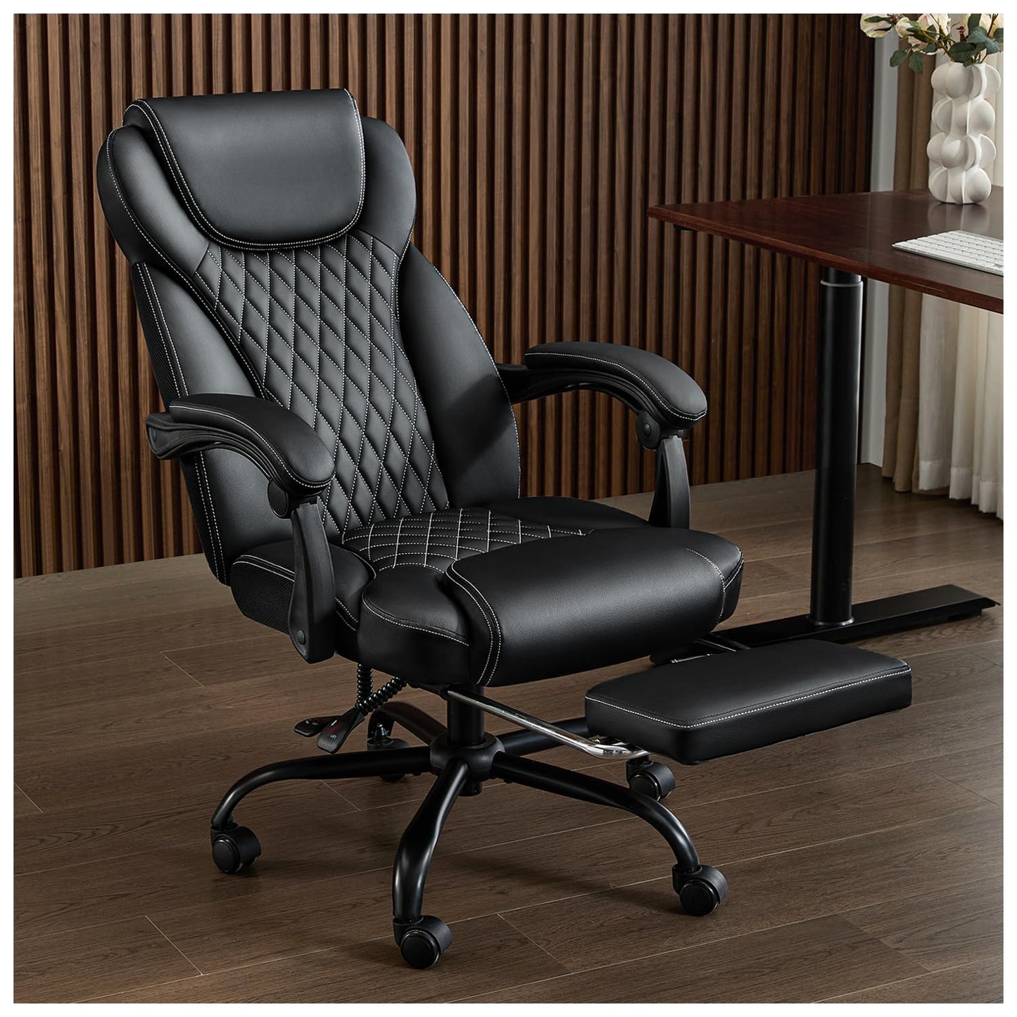 amseatec Office Chair, Big and Tall Office Chair with Foot Rest Ergonomic Chair for Home Desk, Reclining High Back Leather Chairs with Lumbar Support(Black)