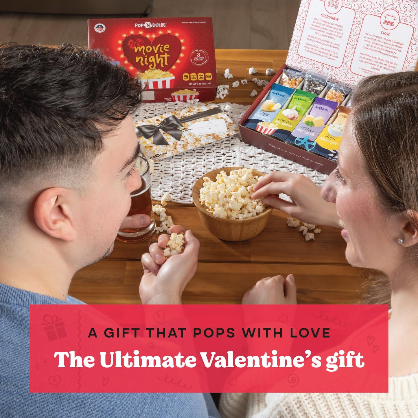 Valentines Day Gifts Movie Night Popcorn Gift Set, Valentines Day Gifts For Her Him, 10 Piece Set, 5 Gourmet Popcorn Kernels and 5 Popcorn Seasoning Flavoring, Kosher, Non-GMO Romantic Movie Night Gift Baskets Idea