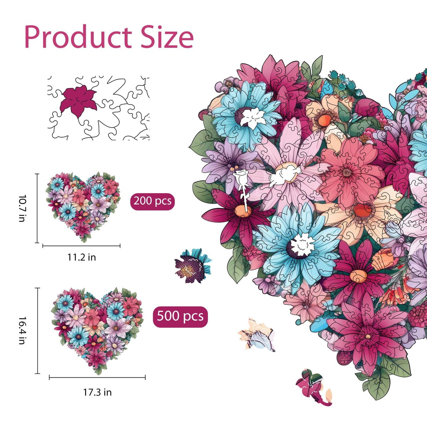 Ruikiyart Valentines Puzzle, Flower Puzzle for Adults 500 Pieces, Heart Flower Wood Jigsaw Puzzles, Wooden Puzzles for Adults Great Valentines Gift for Family Games Adult Home Decoration (17.3"*16.4")
